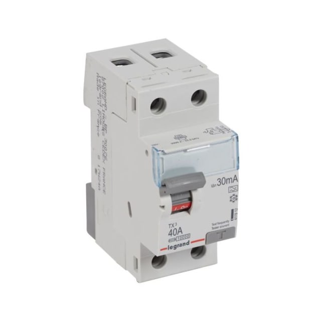 Appareil modulaire gris avec levier bleu, bouton de test et marquage 40 A 30 mA