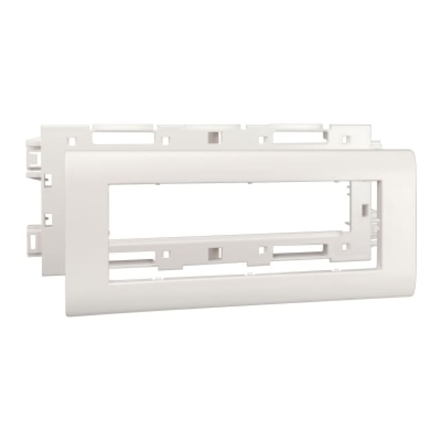 Cadre blanc rectangulaire avec plaque enjoliveur détachée et support ajouré à clips