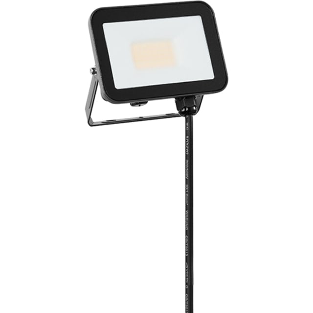 Projecteur sombre rectangulaire avec diffuseur clair, étrier métallique et câble inférieur