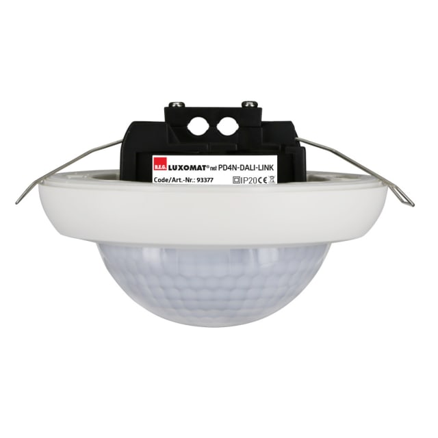 Détecteur blanc à lentille hémisphérique avec ressorts latéraux et module noir au-dessus de la collerette