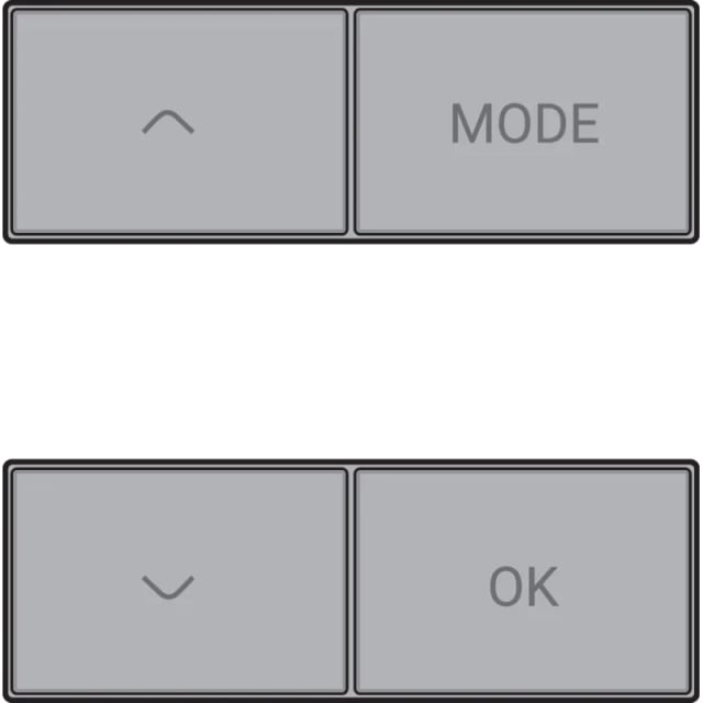 Touches grises disposées en deux rangées séparées, avec chevrons et repères MODE et OK