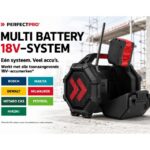 Visuel de compatibilité présentant une radio de chantier et plusieurs plateformes de batteries