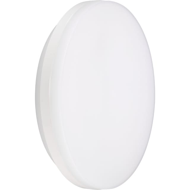 Luminaire circulaire blanc à écran opale vu légèrement de côté