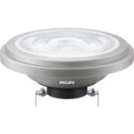 Lampe ronde à large réflecteur nervuré gris et deux contacts métalliques sous le culot