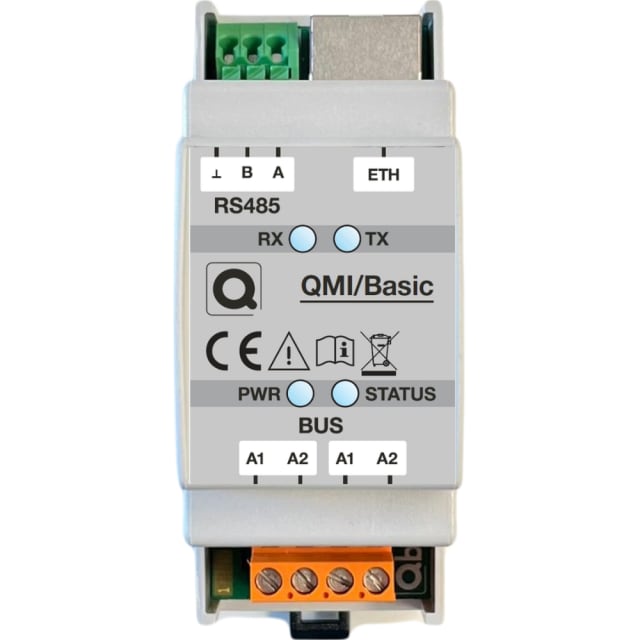 Module gris avec connecteur Ethernet, bornes RS485 et bus, et voyants de réception et transmission