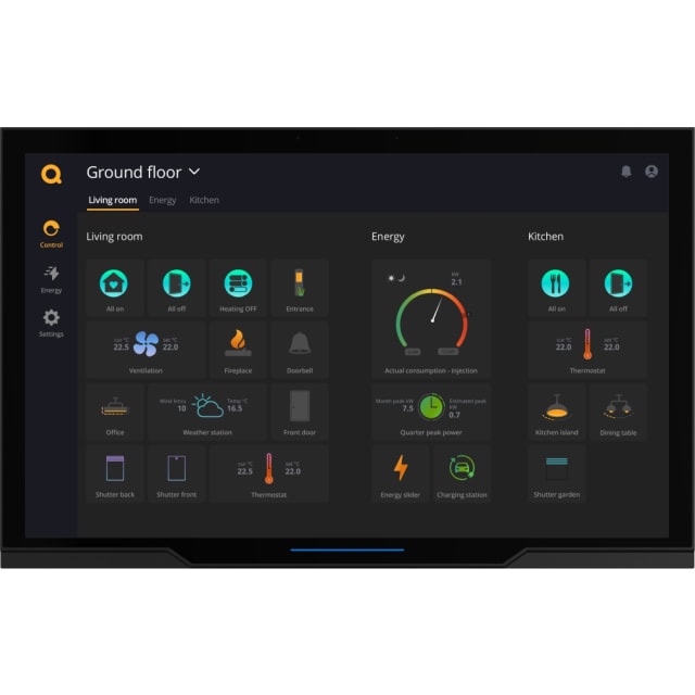 Écran horizontal noir avec interface de commande à icônes et cadre fin