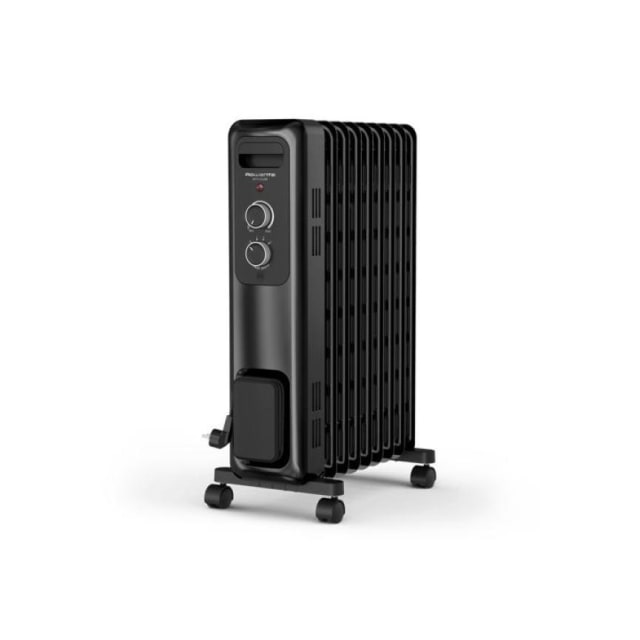 Radiateur noir à ailettes, deux boutons et quatre roulettes