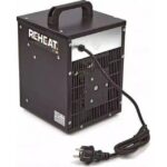 Arrière d’un chauffage noir avec grille de ventilateur, poignée supérieure et cordon terminé par une fiche secteur