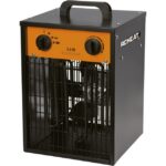 Chauffage noir à poignée supérieure, panneau orange à deux molettes et grille frontale laissant voir les résistances