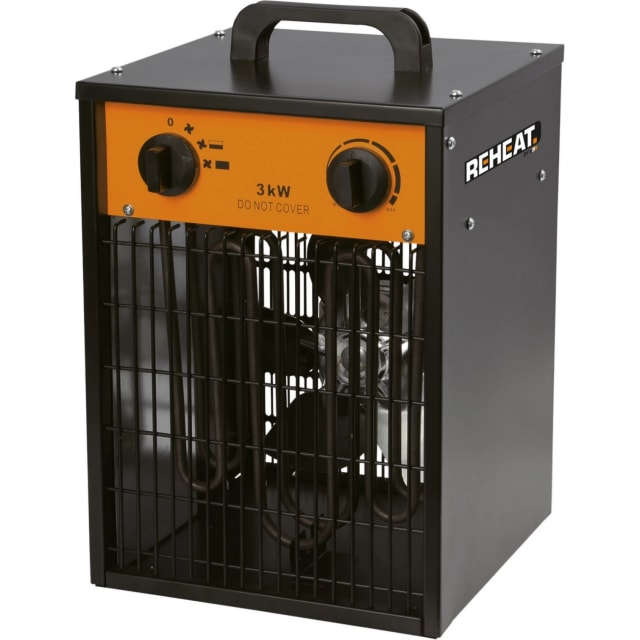Chauffage noir à poignée supérieure, panneau orange à deux molettes et grille frontale laissant voir les résistances