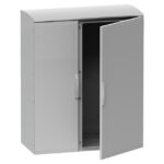 Enveloppe grise à double porte avec vantail droit ouvert et intérieur visible