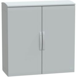 Armoire grise à deux portes pleines avec poignée centrale et auvent supérieur