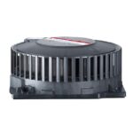 Corps de ventilateur noir en perspective avec entrée circulaire et base carrée