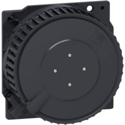 Ventilateur noir carré vu de l’arrière avec boîtier circulaire et points de fixation aux angles