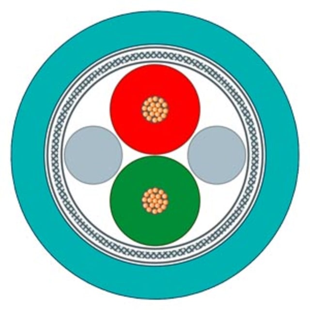 Coupe de câble turquoise avec deux conducteurs rouge et vert sous blindage