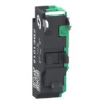 Bloc noir allongé vu de face avec éléments verts de connexion et repères de contact