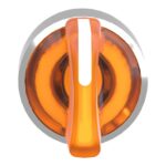 Vue frontale d’une manette orange translucide à repère blanc et entourage rond chromé