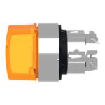 Profil gauche d’une tête de sélecteur orange avec bague métallique, joint noir et fixations arrière