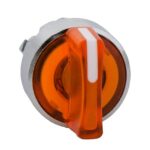 Sélecteur orange translucide en vue oblique, manette à bande blanche entourée d’une bague chromée
