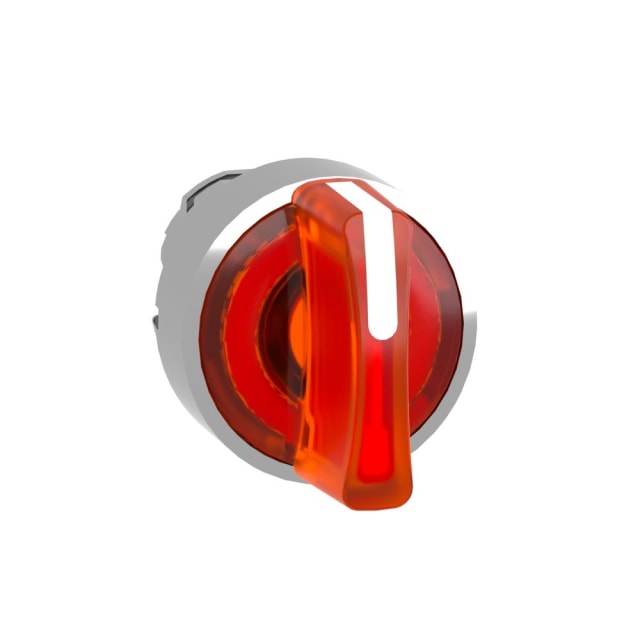 Tête de sélecteur orange translucide à manette courte, repère blanc et bague métallique