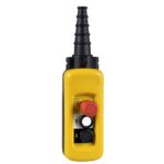 Boîtier jaune pendant avec bouton rouge, deux poussoirs et entrée étagée noire