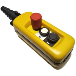 Boîte pendante jaune avec deux poussoirs contrastés, bouton rouge et manchon de câble noir