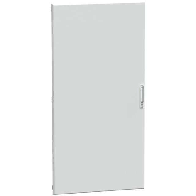 Porte métallique blanche pleine à poignée verticale à droite et bords de fixation latéraux