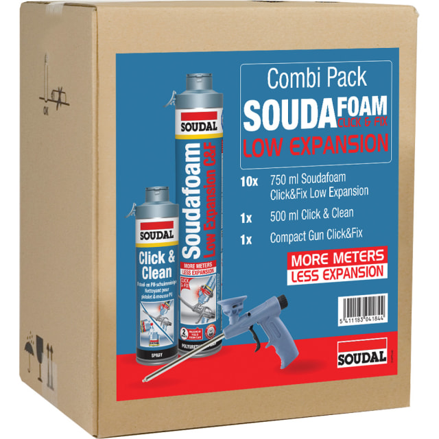 Carton brun à étiquette bleue montrant aérosols de mousse, nettoyant et pistolet compact