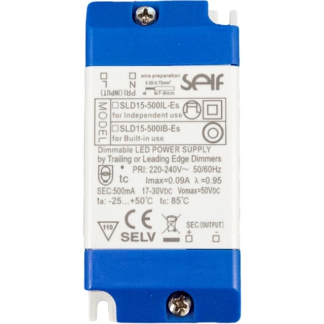 Boîtier de driver blanc avec capots bleus et indications électriques imprimées