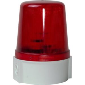 Balise à dôme rouge strié sur une base cylindrique grise avec entrées latérales