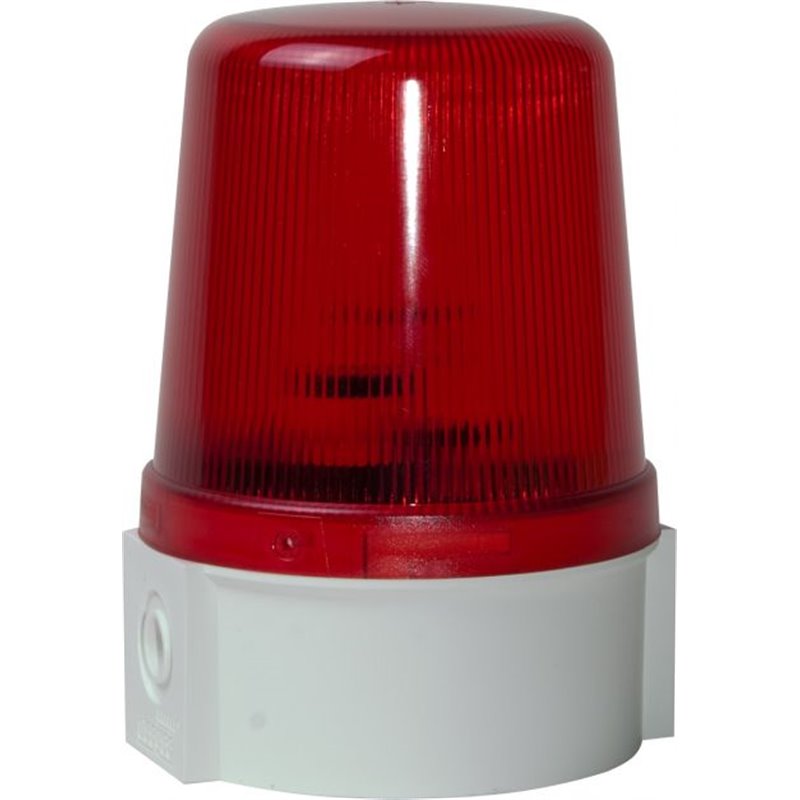 DG CONTROL vue de la balise rouge série B Balise à dôme rouge strié sur une base cylindrique grise avec entrées latérales