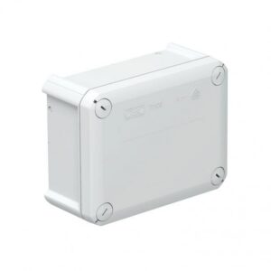 Boîtier rectangulaire gris clair avec couvercle plein, quatre fermetures rondes fendues et parois latérales sans ouvertures