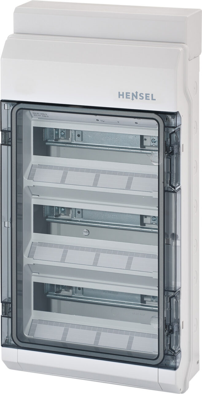 HENSEL coffret trois rangées Coffret gris à porte transparente laissant voir trois rangées de rails et de passages modulaires