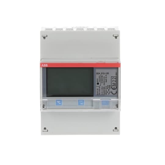 ABB B24 compteur présenté de face Compteur modulaire blanc vu de face avec écran sombre, bande rouge et capots de bornes