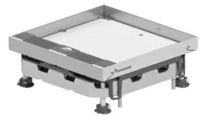 Cadre carré en inox avec clapet central, passage de câbles et pieds de réglage