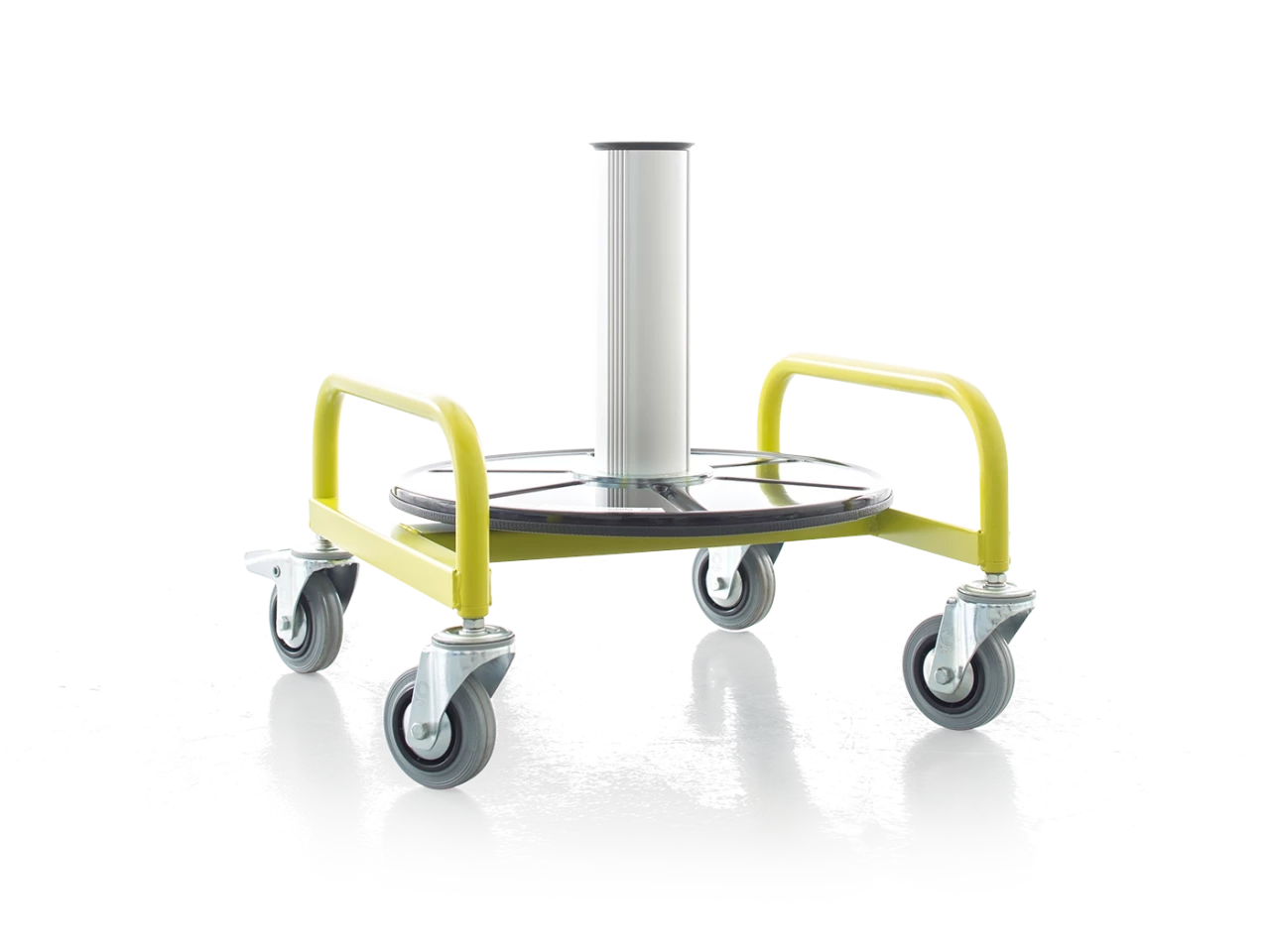 Roll..Profi VARIO SLIM support mobile de couronnes Dérouleur à noyau cylindrique métallique, plateau circulaire et châssis jaune sur quatre roulettes