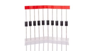Diodes noires alignées sur bande rouge et blanche avec longues connexions métalliques axiales et bague de cathode
