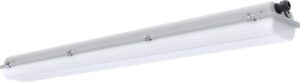 Luminaire allongé clair avec fermeture par attaches métalliques et entrée de câble noire