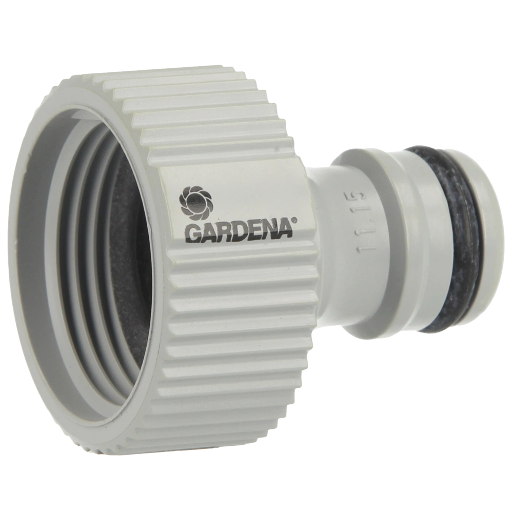 Gardena détail du nez de robinet et du joint Raccord gris nervuré à filetage intérieur et embout de connexion muni d’un joint noir
