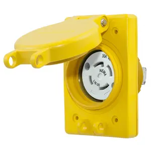 Prise grise à alvéoles courbes avec couvercle jaune relevé et plaque rectangulaire