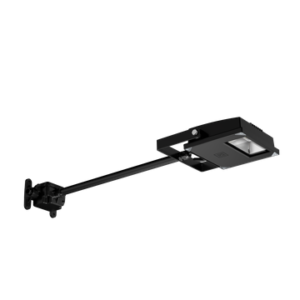 Projecteur rectangulaire noir à vitrage clair fixé sur un bras avec boîtier de raccordement